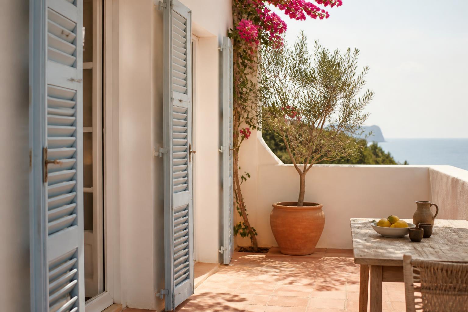 Whitewashed Costa Blanca terrace with soft blue shutters, an olive tree and a glimpse of the sea in morning light
